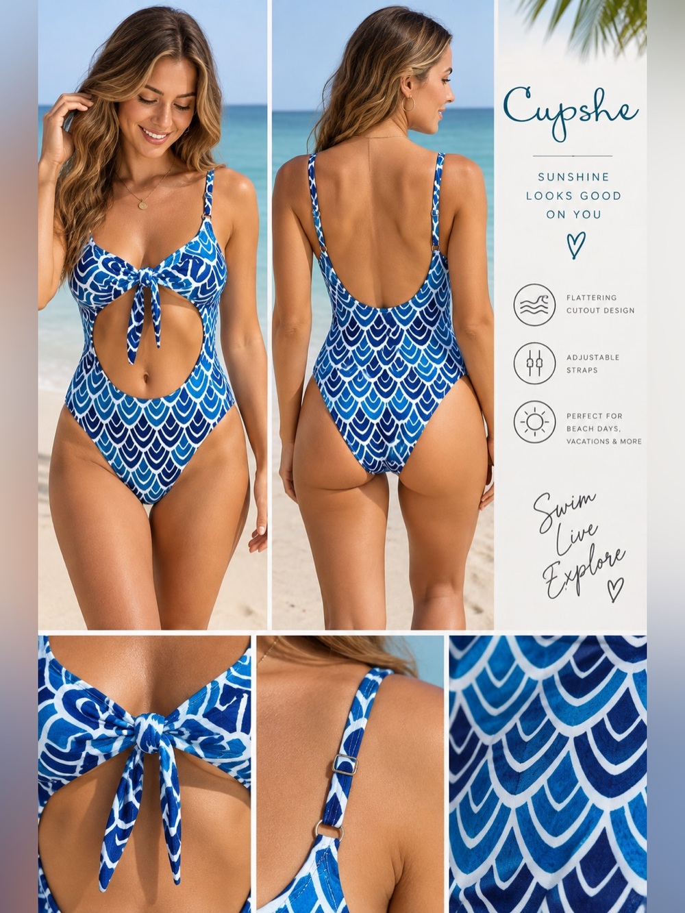 Cupshe Women’s Medium Blue White One Piece Swimsuit Cutout Tie Front NWT